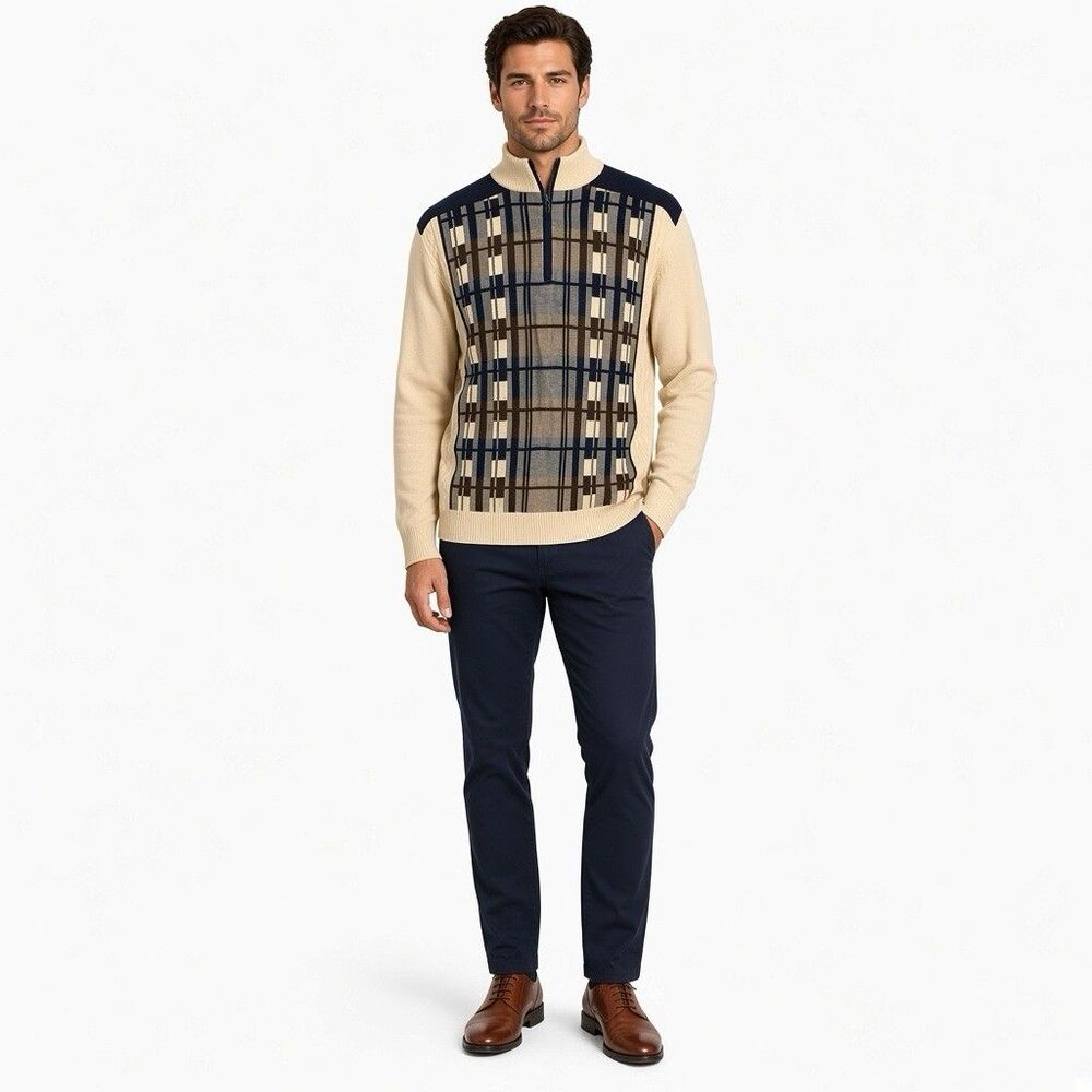 Luxury Bagazio Sweater 1/4 Zip Men’s L Elbow Patch Beige Blue Plaid Windowpane